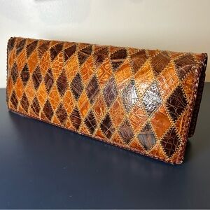 Vintage Genuine Alligator Leather Brown Diamond Patchwork Clutch 12.5”x5”
